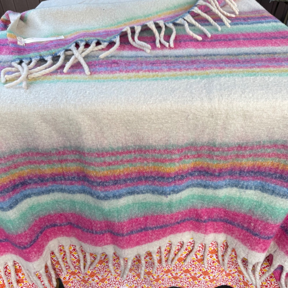 Free People Oversized Scarf Rainbow Stripe Pink Blue Boho Fringe Blanket Wrap